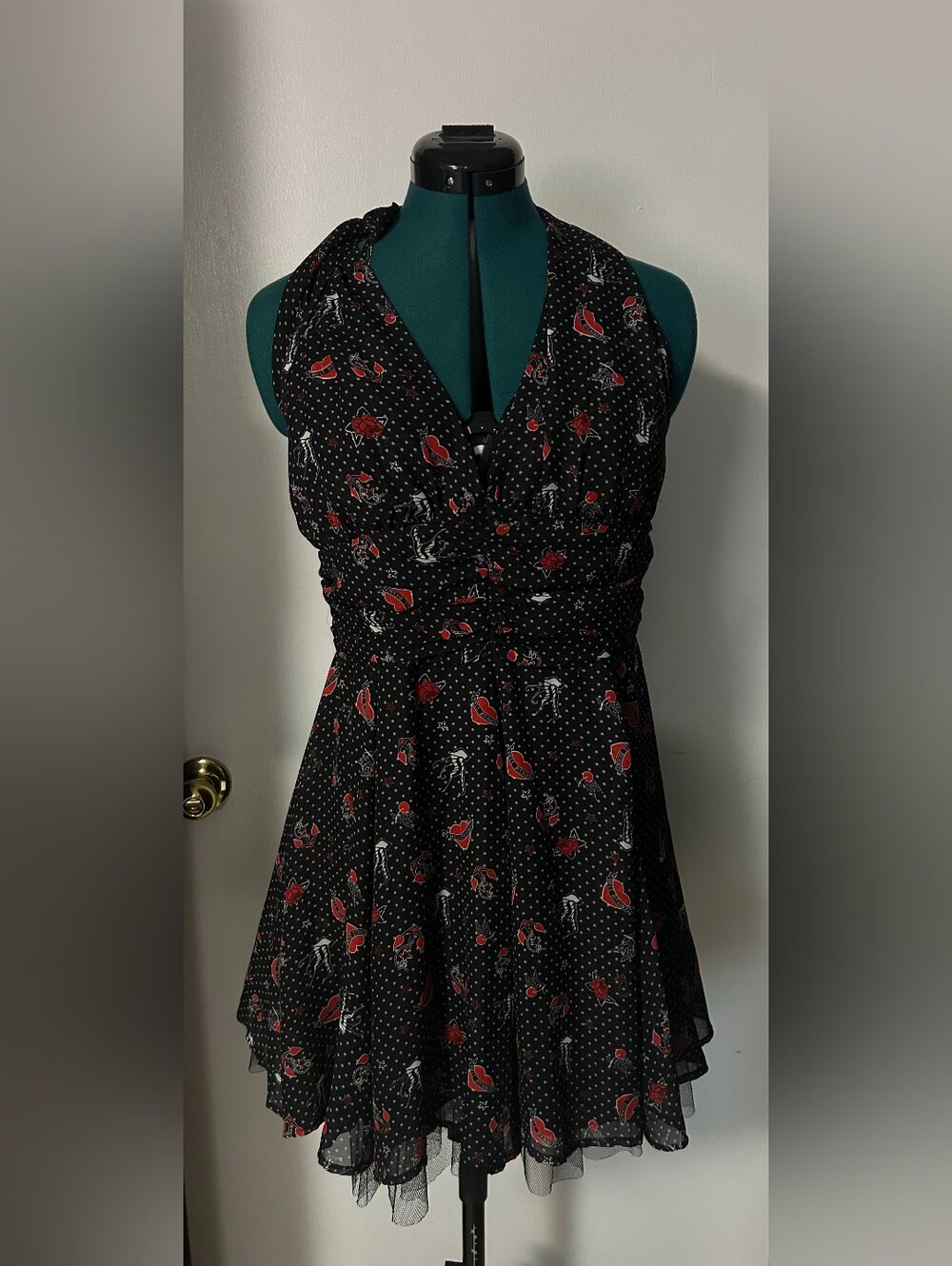 Hell Bunny Black One-Shoulder Dress with Red Floral & White Polka Dots